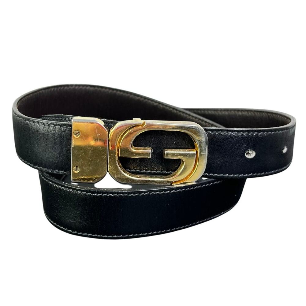 GUCCI Vintage 1970's Belt Reversible Black Leather Gold G‎ Buckle Classic Retro